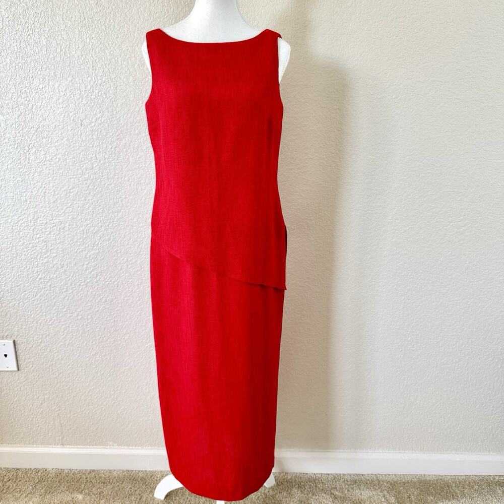 Vintage Sheri Martin Petites Dress 8P Red Midi Layered Sheath Cocktail 90s